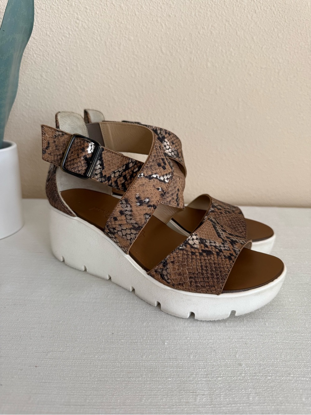 Paul Green Brown Snake-Print White Platform Sandals